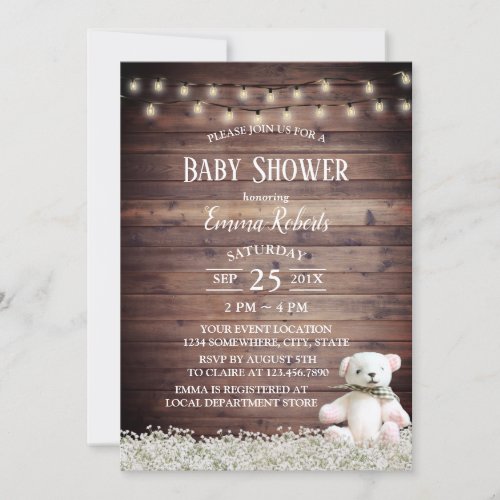 Rustic String Lights Cute Bear Baby Shower Invitation