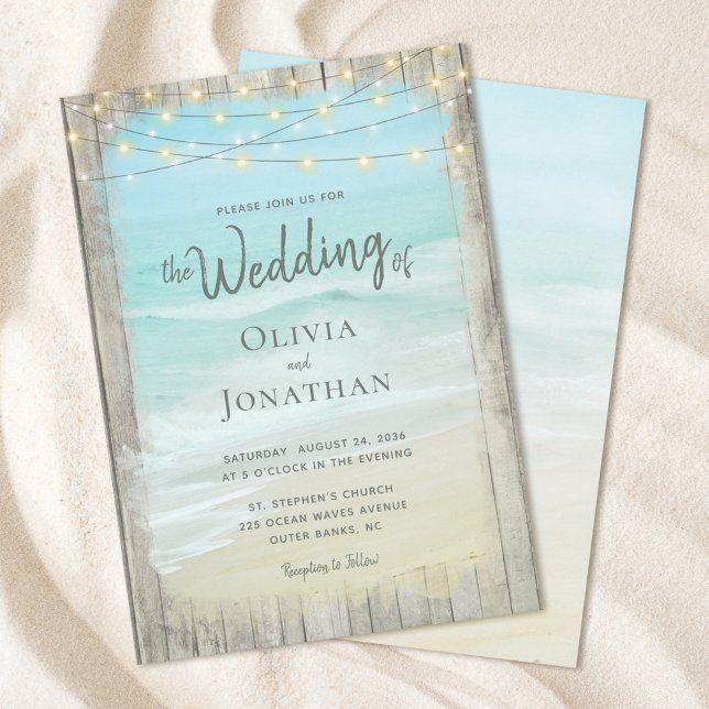 Rustic String Lights Destination Beach Wedding Invitation (Creator Uploaded)