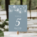 Rustic String Lights Double Sided Wedding Table Number<br><div class="desc">Affordable printed wedding table number cards with a simple DIY template for customization. This rustic chic design features strands of glowing string lights and mason jars on a dusty blue background. Personalize each table number that you need and add each to your cart individually (note: adding a bulk number of...</div>