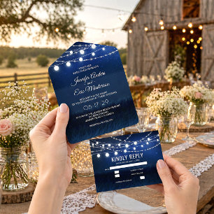 Rustic String Lights Dusty Blue Wedding Invitation