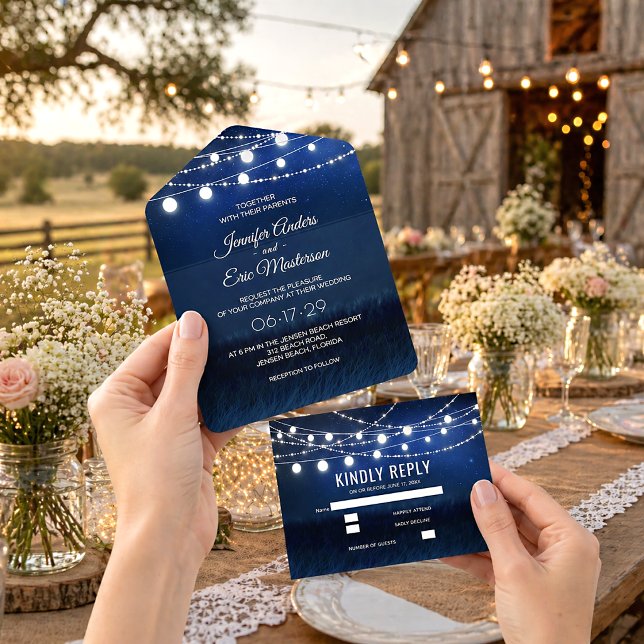 Rustic String Lights Dusty Blue Wedding Invitation (Creator Uploaded)
