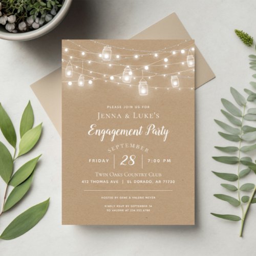 Rustic String Lights Engagement Party Invitation