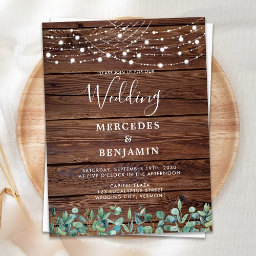 Rustic String Lights Eucalyptus County Wedding Invitation Postcard