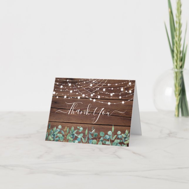 Rustic String Lights Eucalyptus Greenery Wedding  Letterpress Thank You Card (Front)