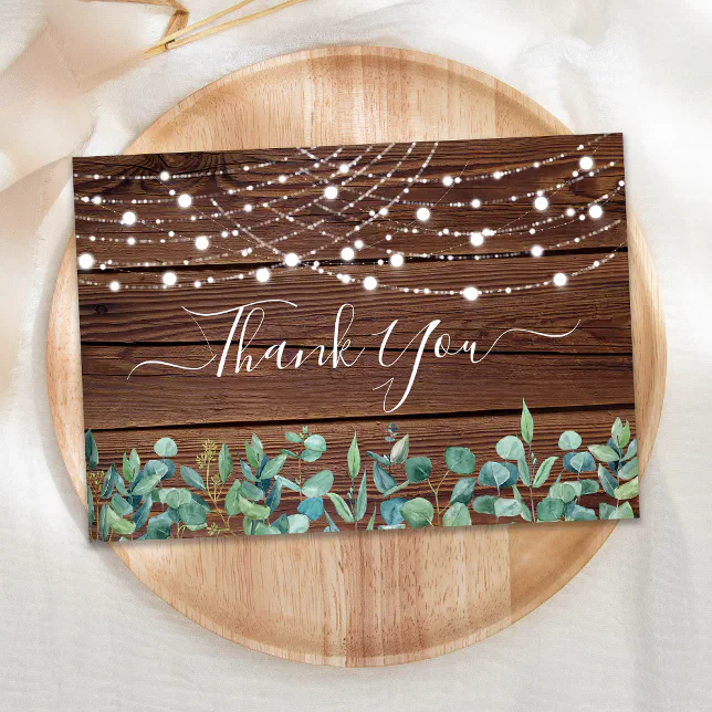 Rustic String Lights Eucalyptus Wedding Thank You Card | Zazzle