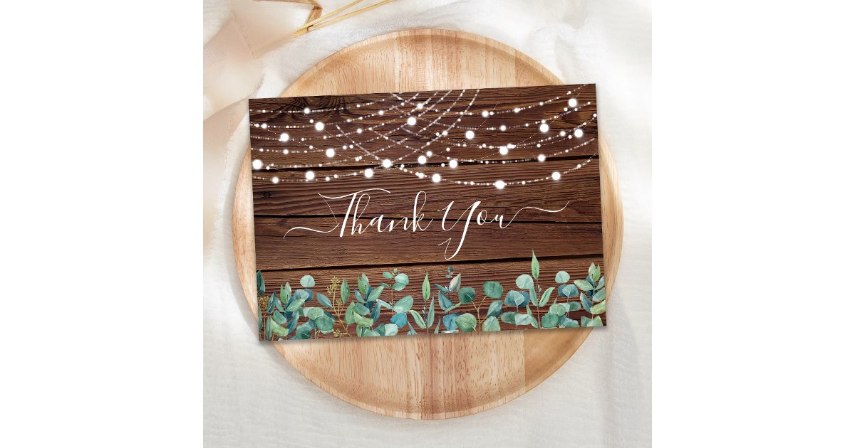 Rustic String Lights Eucalyptus Wedding Thank You Note Card | Zazzle