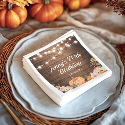 Rustic String Lights Fall Pumpkin Happy Birthday Napkins