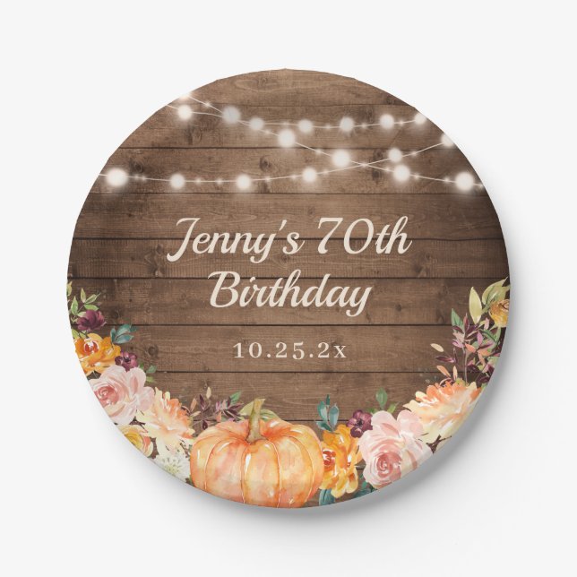 Rustic String Lights Fall Pumpkin Happy Birthday Paper Plates (Front)
