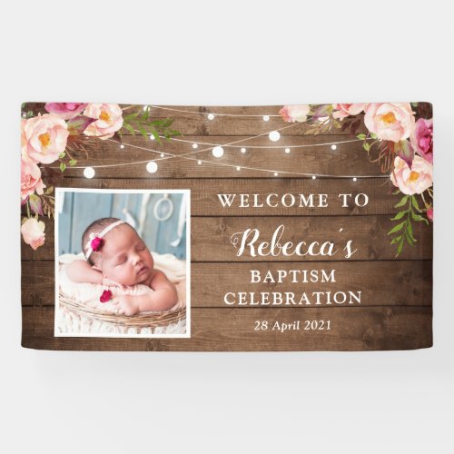 Rustic String Lights Floral Baby Baptism Welcome Banner