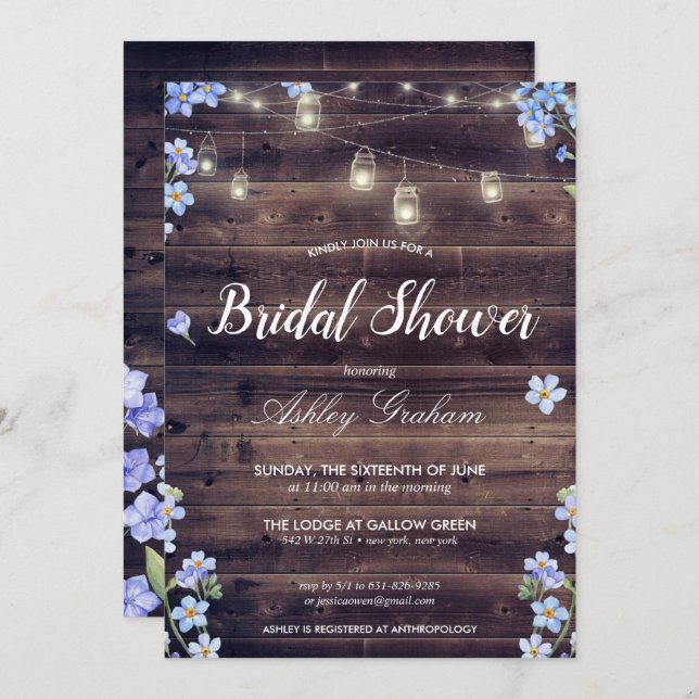 Rustic String Lights Floral Barnwood Bridal Shower Invitation (Front/Back)