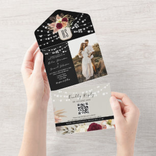 Rustic String Lights Floral Burgundy Black Wedding All In One Invitation