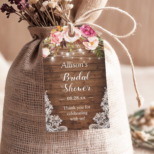 Rustic String Lights Floral Lace Bridal Shower Gift Tags