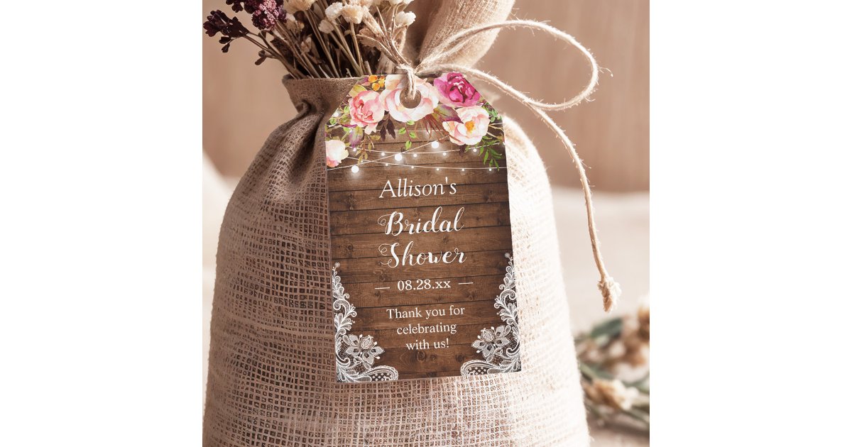 Rustic String Lights Floral Lace Bridal Shower Gift Tags | Zazzle