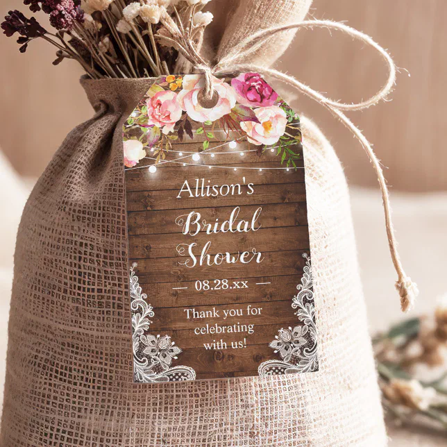 Rustic String Lights Floral Lace Bridal Shower Gift Tags | Zazzle
