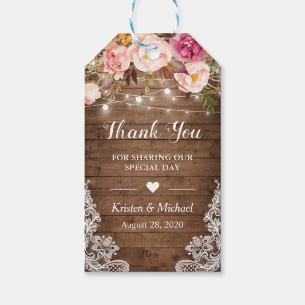 Rustic String Lights Floral Lace Wedding Thank You Gift Tags
