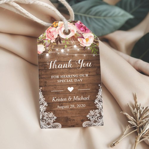 Rustic String Lights Floral Lace Wedding Thank You Gift Tags