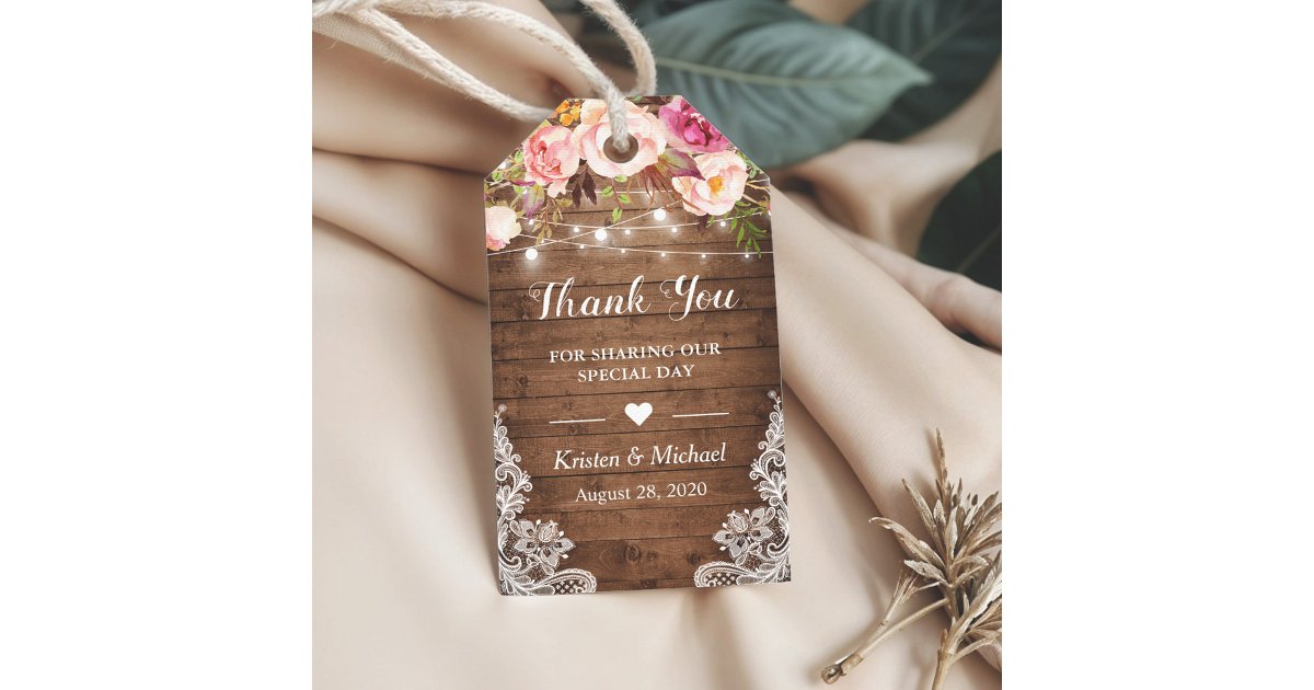 Rustic String Lights Floral Lace Wedding Thank You Gift Tags | Zazzle