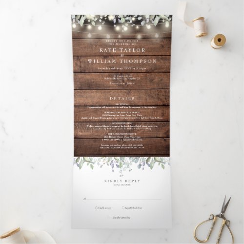 Rustic String Lights Floral Monogram Photo Wedding Tri_Fold Invitation