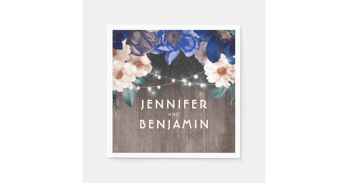 Rustic String Lights Floral Navy and Royal Blue Napkins | Zazzle