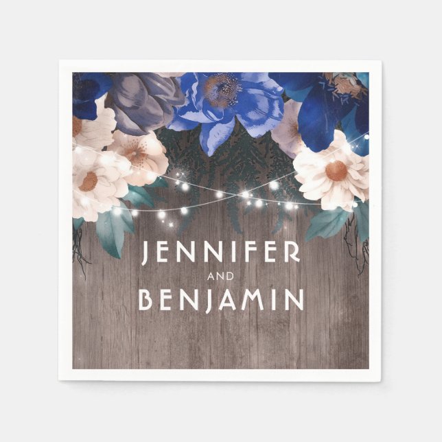 Rustic String Lights Floral Navy and Royal Blue Napkins (Front)