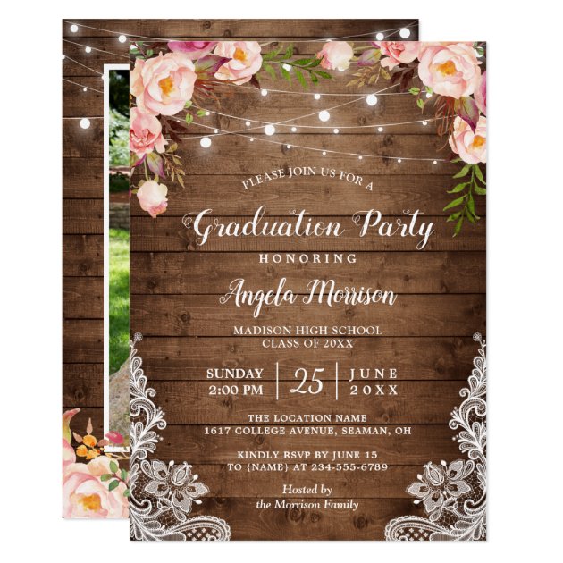 Rustic String Lights Floral Photo Graduation Party Card