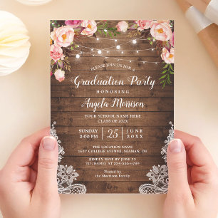 Rustic String Lights Floral Photo Graduation Party Invitation