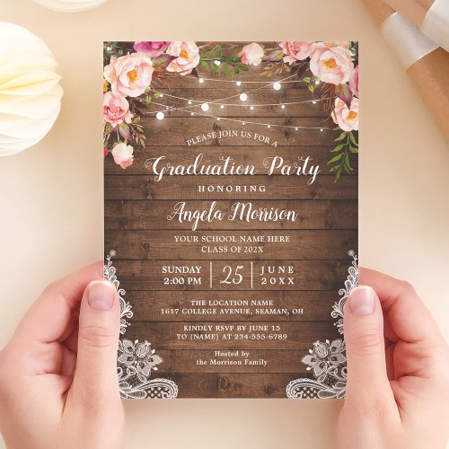 Rustic String Lights Floral Photo Graduation Party Card