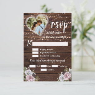 Rustic String Lights Floral Photo Wedding   RSVP Card