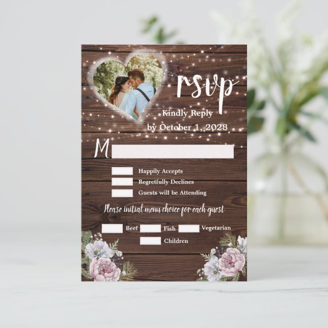 Rustic String Lights Floral Photo Wedding   RSVP Card (Standing Front)