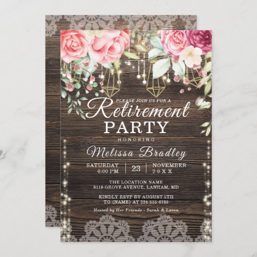 Rustic String Lights Floral Retirement Party Invitation