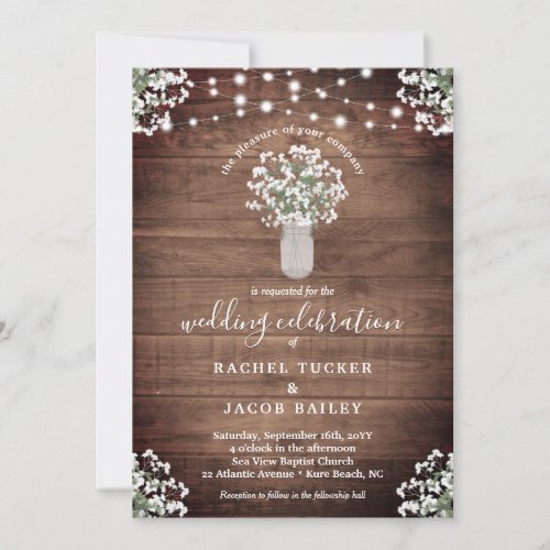 Rustic String Lights  Floral Vase of Babys Breath Invitation