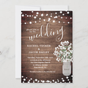 Rustic String Lights & Floral Vase of Babys Breath Invitation