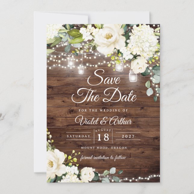 Rustic String Lights Floral Wedding Save The Date  Invitation (Front)