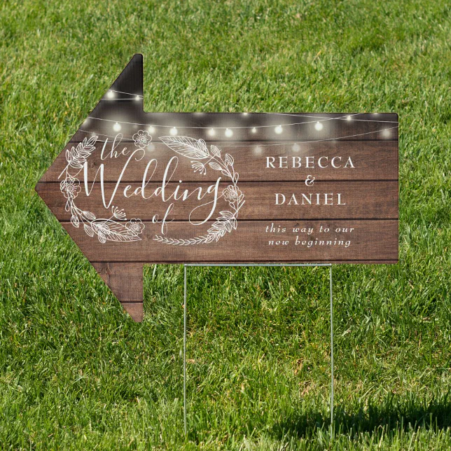 Rustic String Lights Floral Wedding This Way Arrow Sign | Zazzle