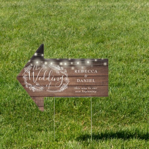 Rustic String Lights Floral Wedding This Way Arrow Sign