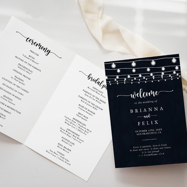 Rustic String Lights Folded Wedding Program (Creator Uploaded)