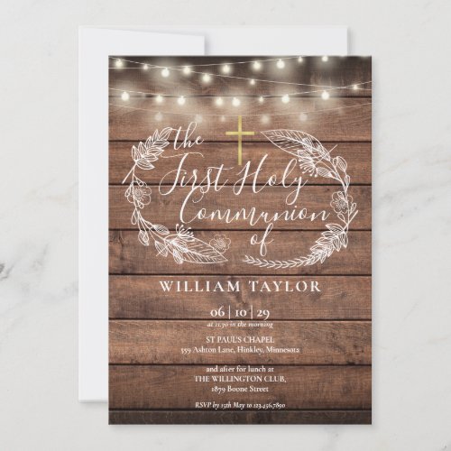 Rustic String Lights Foliage First Holy Communion Invitation