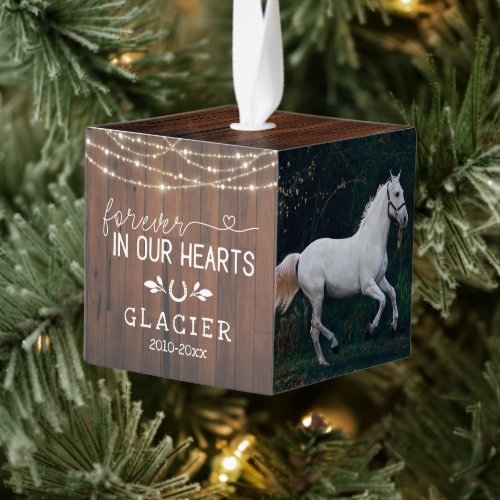 Rustic String Lights Forever In Our Hearts Horse Cube Ornament