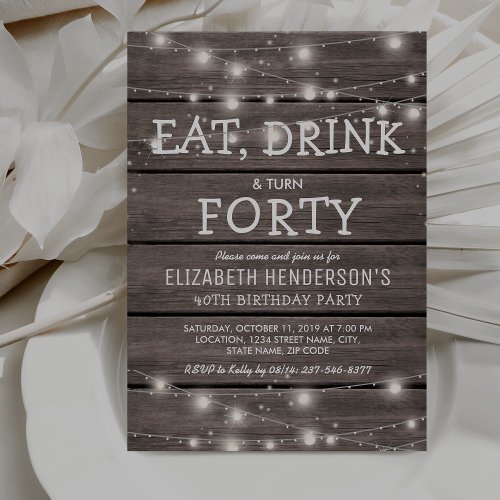 Rustic String Lights Forty Birthday Party  40th Invitation