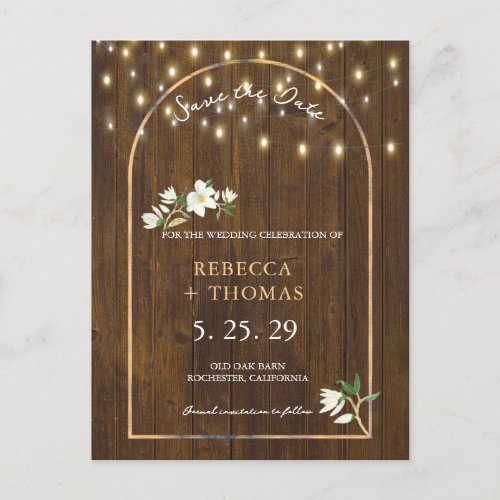 Rustic String Lights Gold Arch Magnolia Announcement Postcard