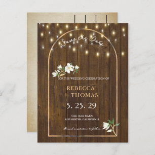 Rustic String Lights Gold Arch Magnolia Announcement Postcard