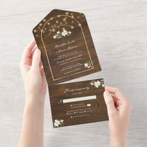 Rustic String Lights Gold Arch Magnolia Wedding All In One Invitation