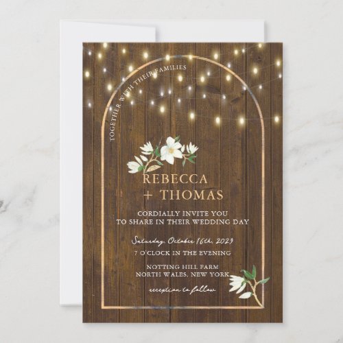 Rustic String Lights Gold Arch Magnolia Wedding Invitation