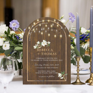Rustic String Lights Gold Arch Magnolia Wedding Invitation
