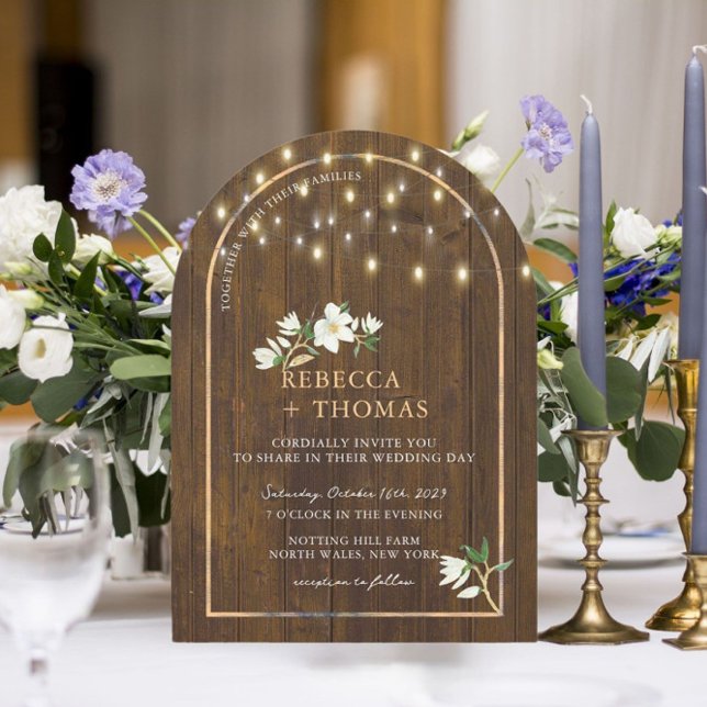 Rustic String Lights Gold Arch Magnolia Wedding Invitation (Creator Uploaded)