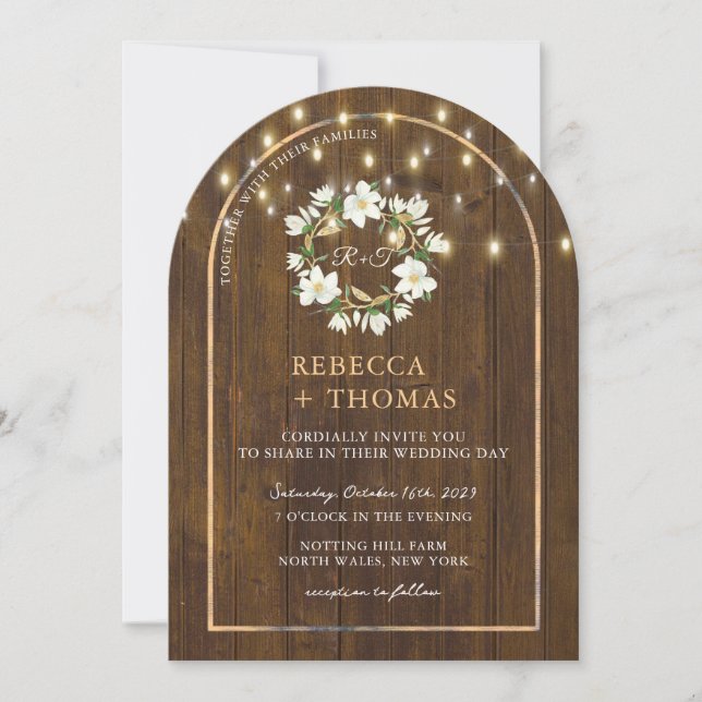 Rustic String Lights Gold Arch Magnolia Wedding Invitation (Front)