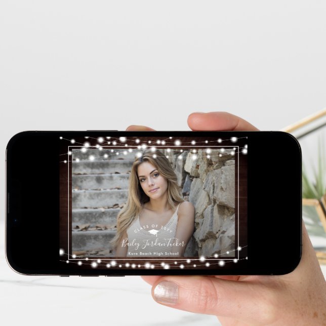 Rustic String Lights Grad Cap Photo Graduation Ann Announcement (Front Digital)