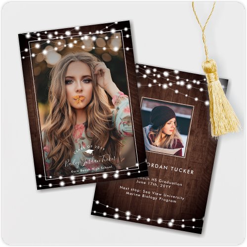 Rustic String Lights Grad Cap Photo Graduation Announcement