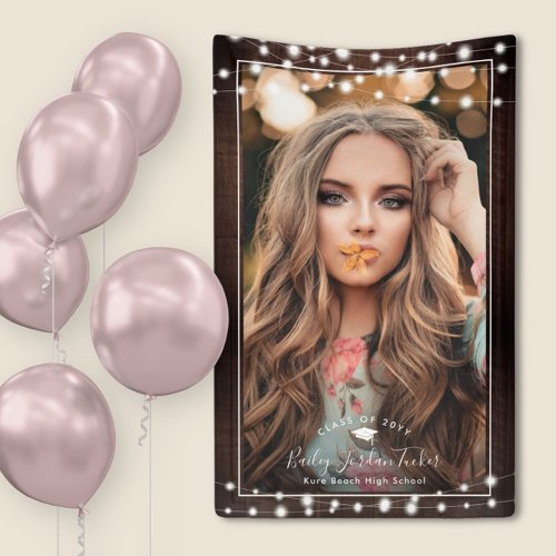 Rustic String Lights Grad Cap Photo Graduation Banner