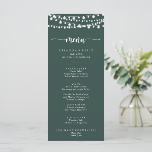 Rustic String Lights Green Dinner Menu